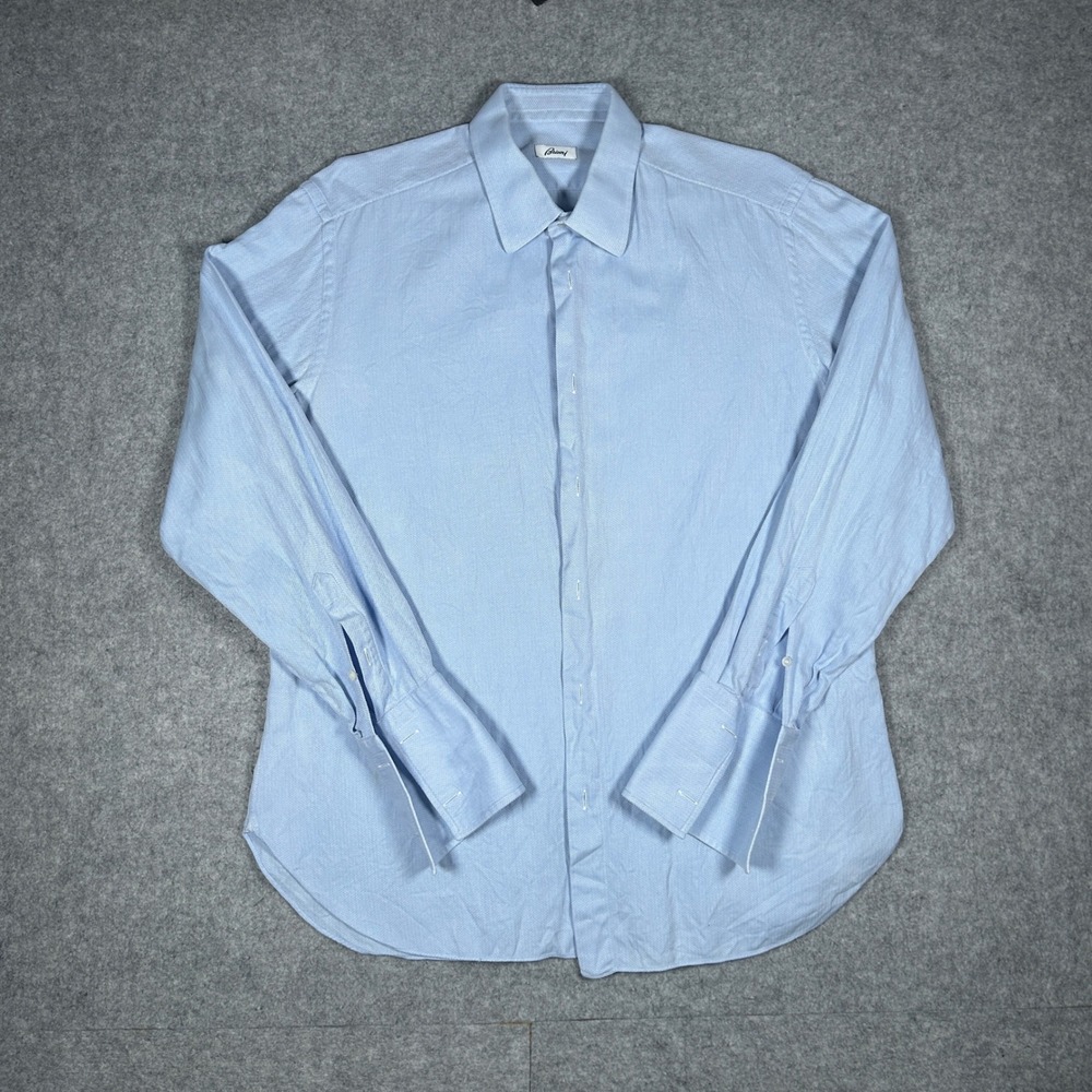 Brioni Shirt Mens 42(16.5) Blue Herringbone French Cuff Dress Shirt Luxury Italy